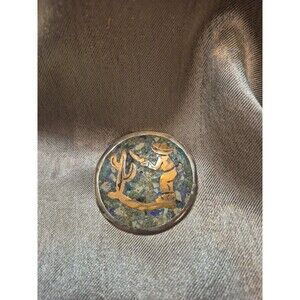VTG Taxco Mexico 925 Sterling Silver Crushed Stone Cactus & Man Pendant Brooch